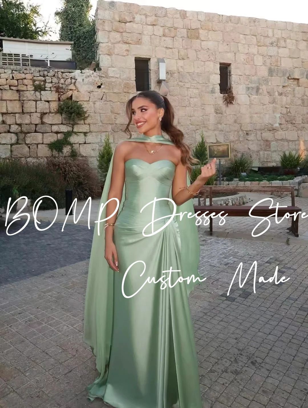 BOMP Abito da sera elegante senza spalline drappeggiato a sirena lunghezza pavimento sciarpa in raso occasione formale abito da festa di nozze personalizzato