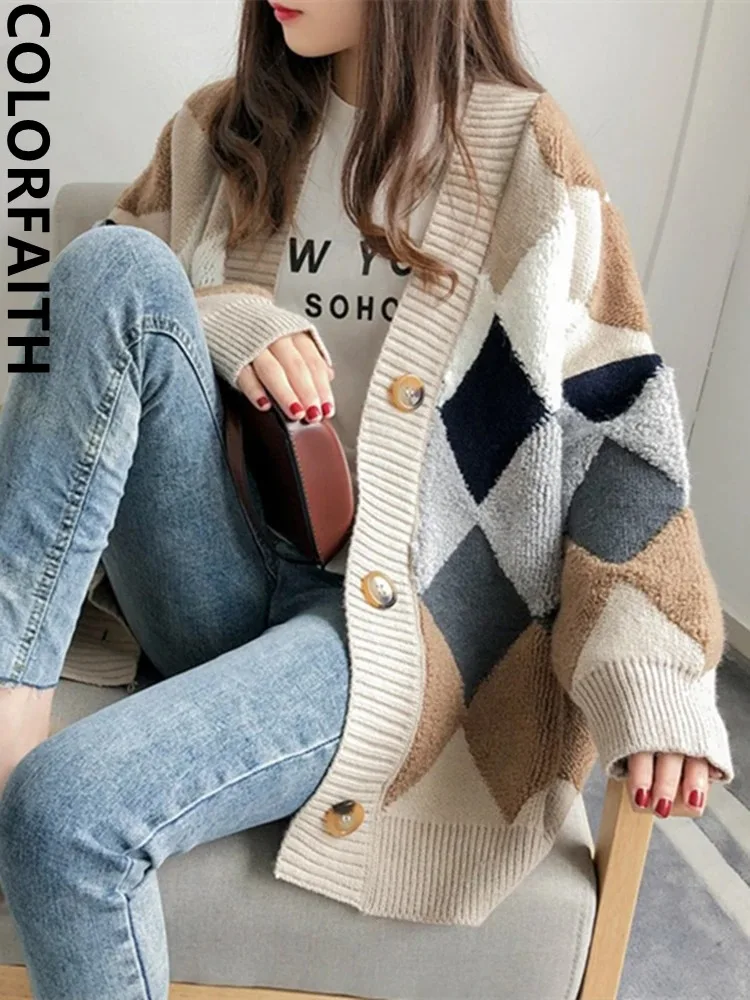 Plaid Chic Cardigans Button Puff Sleeve Checkered Oversized Women's Sweaters Winter Spring Sweater Tops