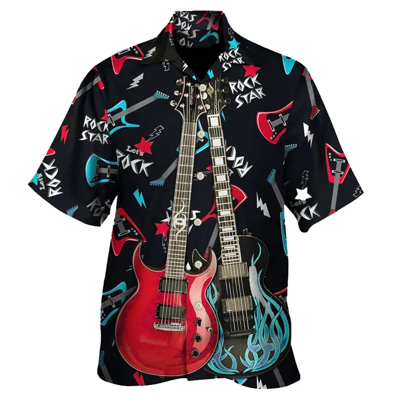 Guitar Music Graphic Hawaiian Shirt For Men Musical Instrument 3D Print Blouse Casual Short Sleeve Lapel Tops Loose Aloha Shirts