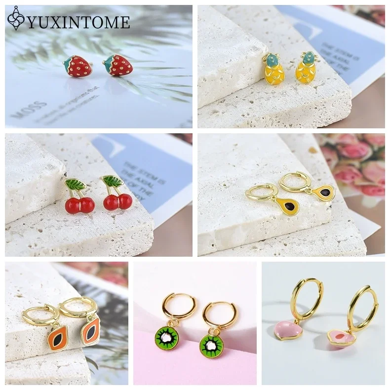 925 Sterling Silver Ear Needle Enamel Dripping Oil Fruit Seriesp Pendant Hoop Earrings Cute Girls Birthday Gift Fashion Jewelry