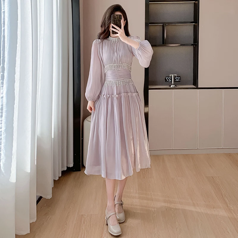 French Designer Fashion Women Organza Stand Collar Party Dress Luxury Spring Diamonds Tassel Ruffles Puff Sleeve Slim Midi Dress