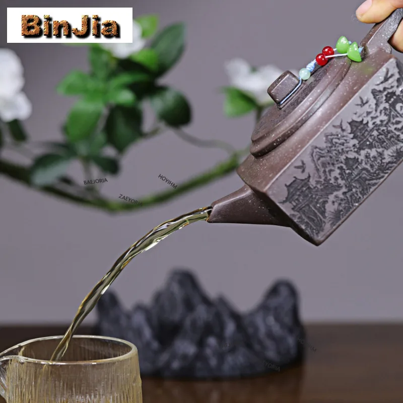320ml Aesthetic Yixing Purple Clay Teapots Handmade Square Peach Orchard Pot Raw Ore Snowflake Mud Kettle With Infuser Zisha