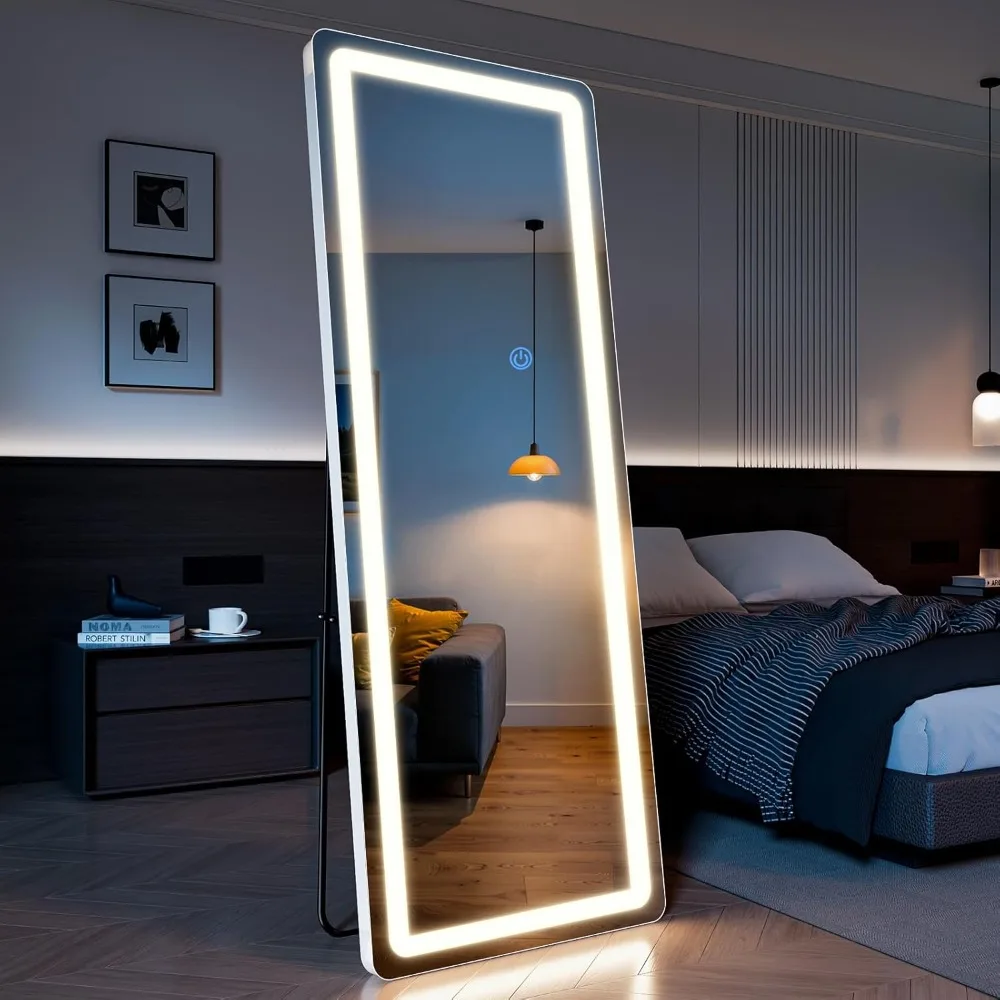 مرآة أرضية كاملة الطول LED مقاس 68 × 26، زوايا مستديرة، ضوء 3 ألوان قابل للتعتيم، جسم كامل، قائم
