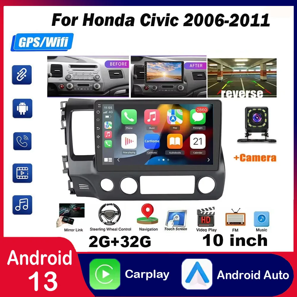 

2G+32G Radio for Honda Civic 2006-2011 Rimoody Android 13 Car Stereo with GPS Navigation WiFi Mirror Link 10 Inch Touchscreen