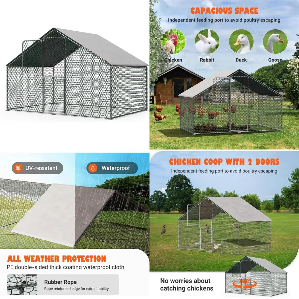 Kandang Ayam Logam Portabel - Kandang Luar Ruangan untuk Ayam Besar dengan Area Bermain yang Dapat Diakses
