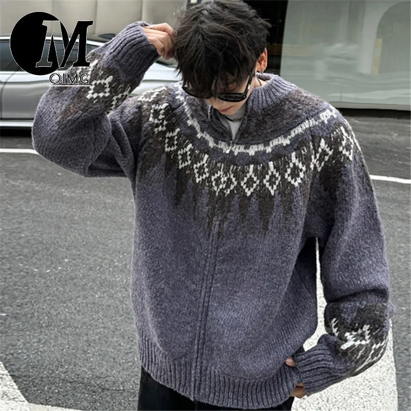 [OIMG] American Standing Collar Cardigan Jacket Men's Autumn Loose Couple Zipper Knit Sweater Top