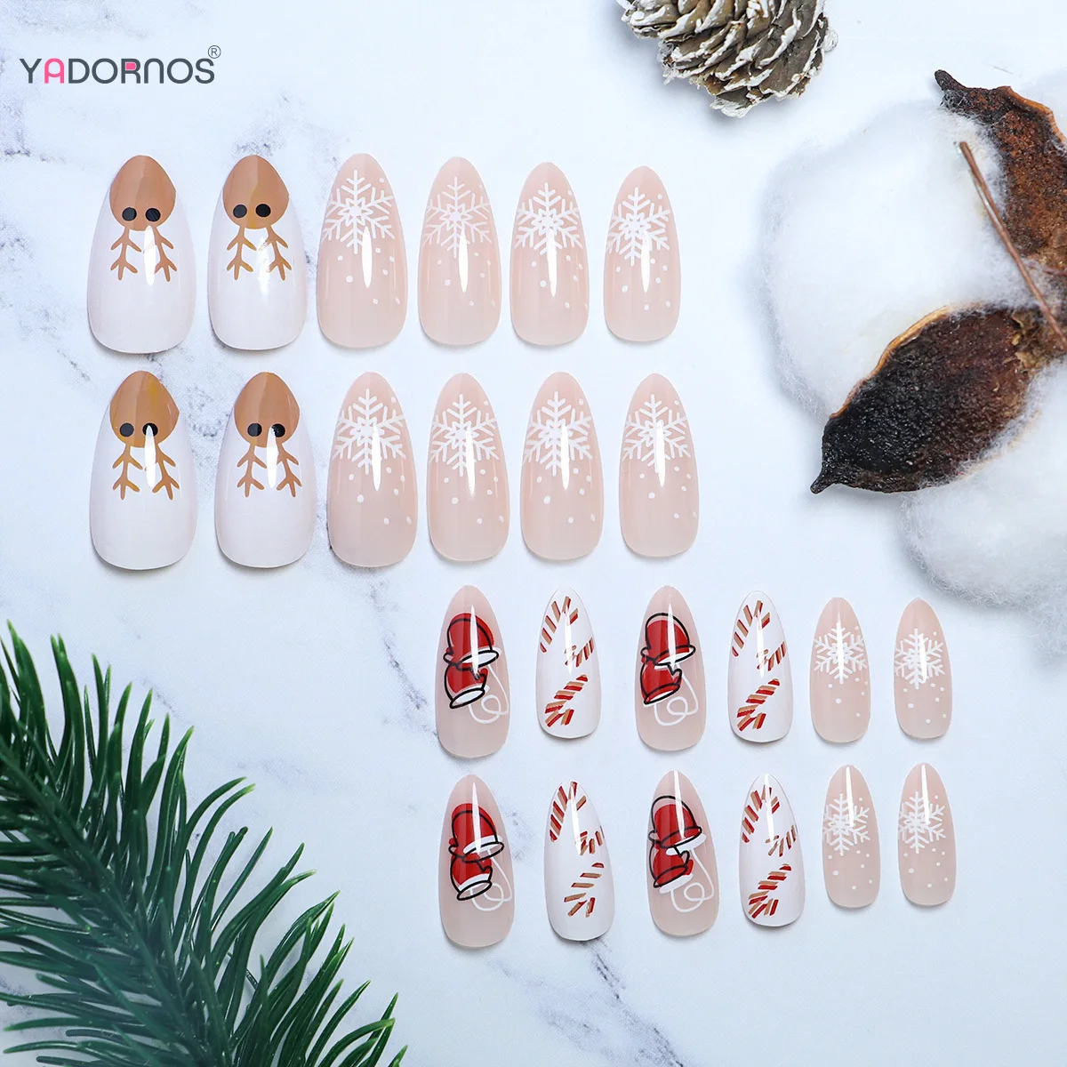 24 Uds. De puntas de uñas postizas de Color desnudo, guante de Navidad, patrón de copo de nieve, estampado, prensa en uñas, uñas postizas de almendra desmontables para Navidad DIY