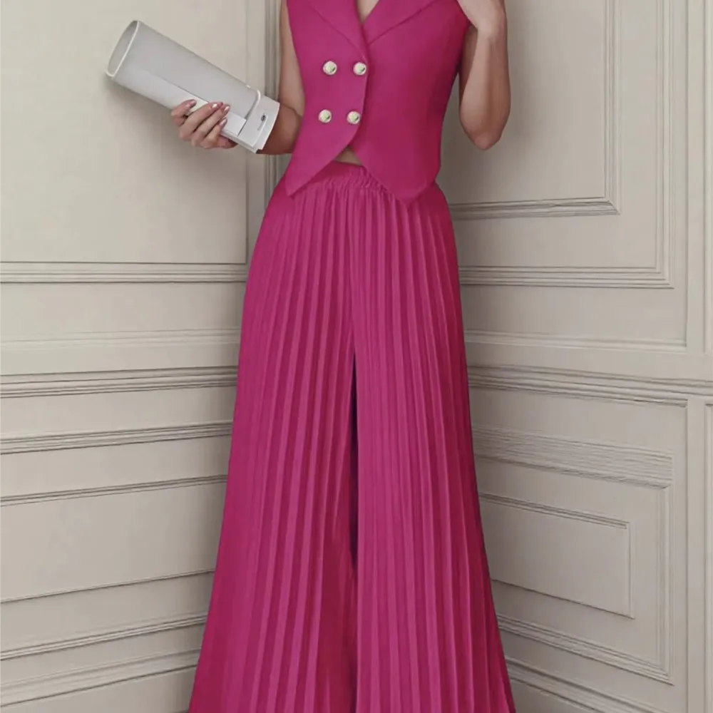 ノースリーブベストとゆったりプリーツパンツのツーピースセット 春夏 レディース新作ファッションパンツセット Conjuntos De Pantalones 신상투피스