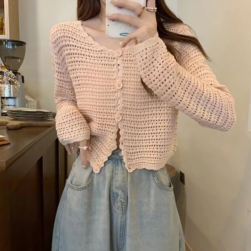 Women Buttons Up Short Cardigan Coat Knitted Hollow Out Smock Top Long Sleeved Thin Summer T-shirt Ruffles Casual Shirt E2775