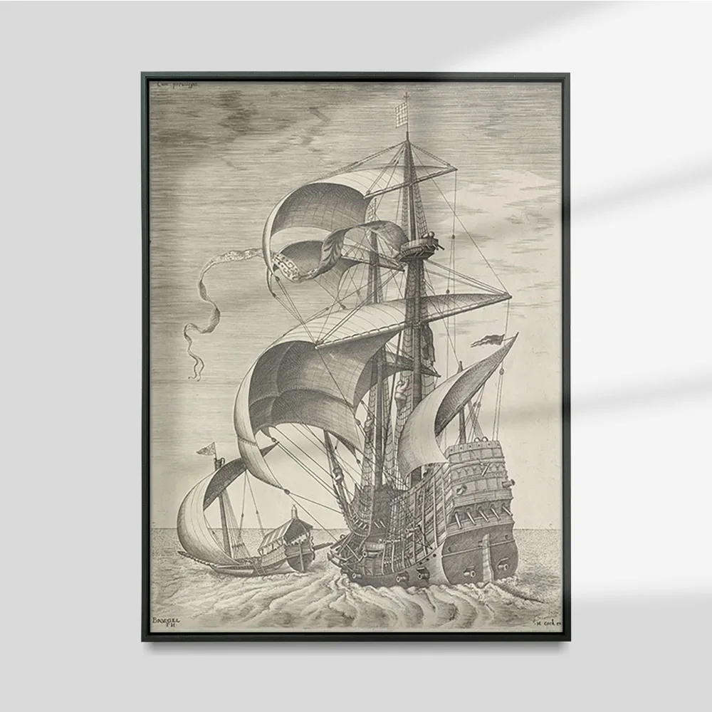 

Pieter Bruegel The Elder Print Black White Poster Armed Three-Master On Open Sea Accompanied Canvas Painting Decor Wall Picture