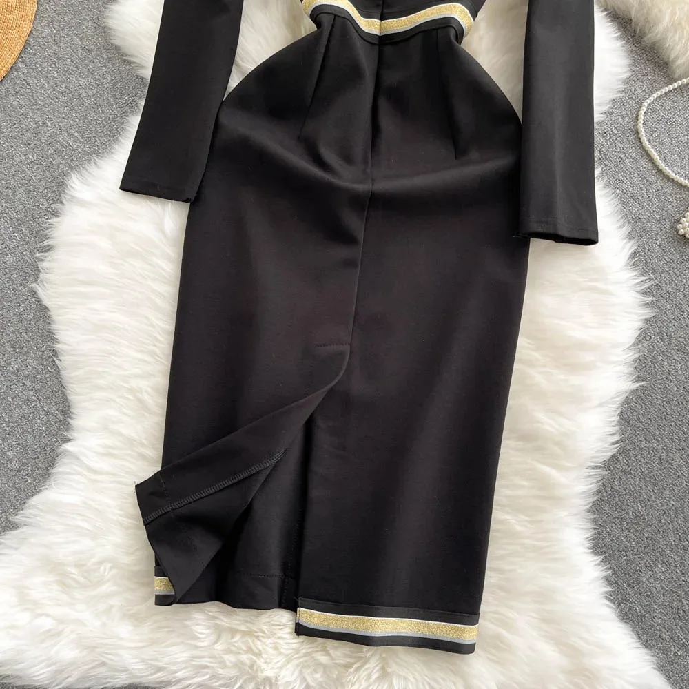 Women Long Sleeve Sexy Slim Bodycon Split Dress Vintage French Fashion Knit Tight Vestido Elegant  Autumn Winter Sweater Robe