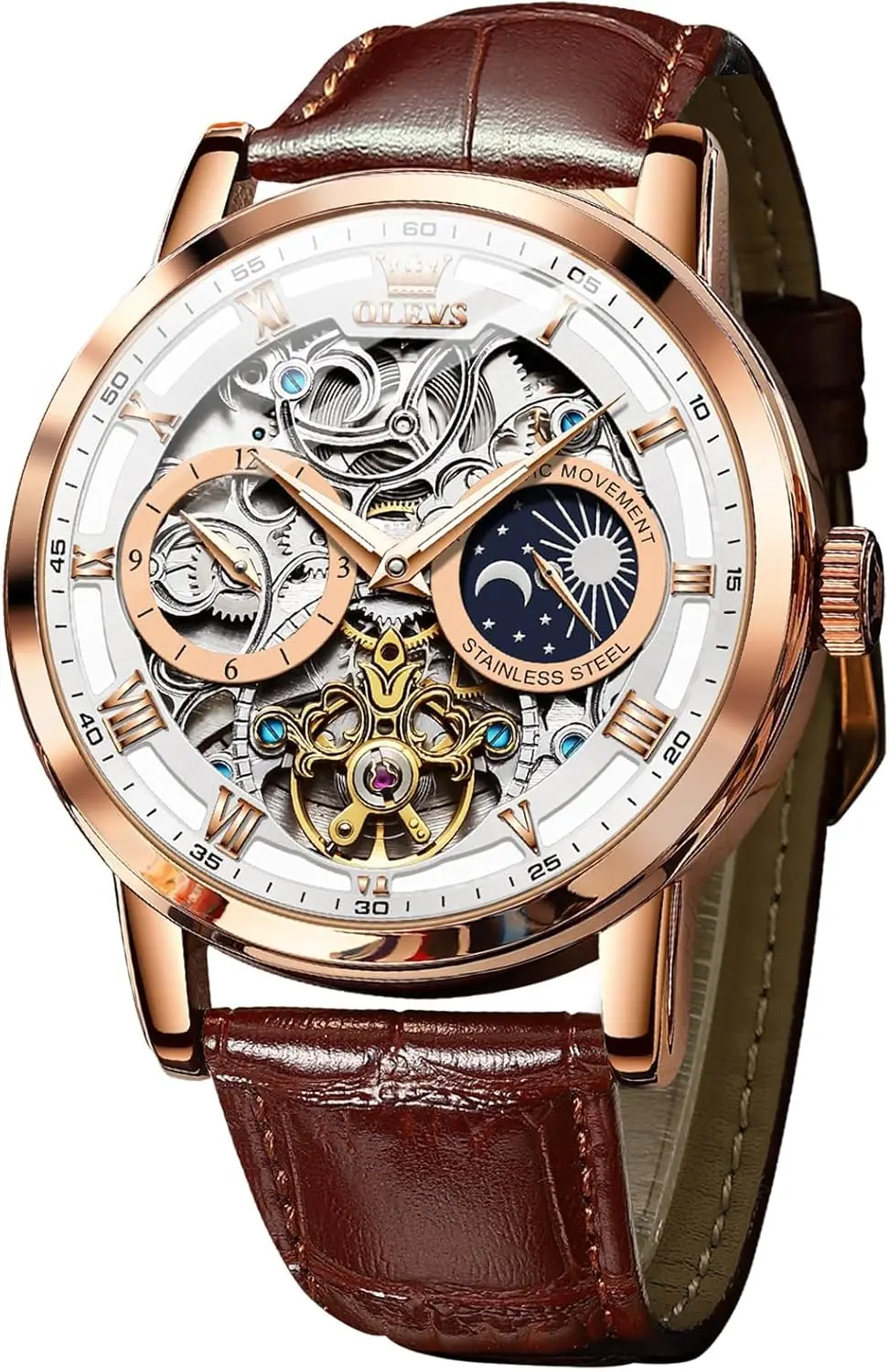 ساعة هيكل عظمي أوتوماتيكية للرجال بمينا السماء المرصعة بالنجوم، ساعة يد فاخرة مضيئة مقاومة للماء