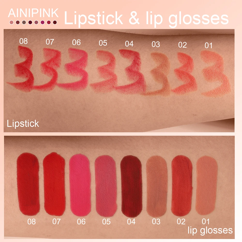 AINIPINK リップスティック+リップグロス 2-in-1 マット仕上げ、防水、色落ちしない、カップにくっつかない、保湿、完璧なメイクアップの選択肢