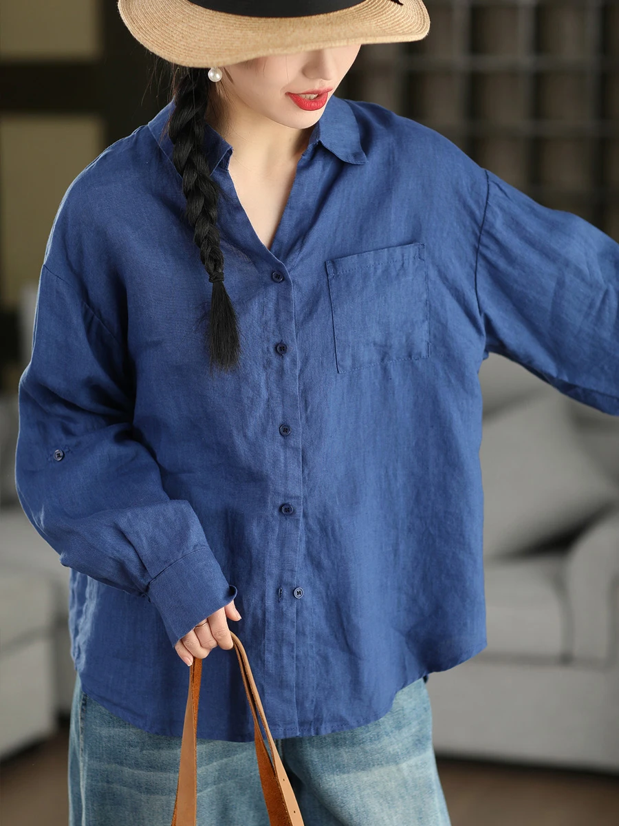 

Retro High-Yield Han Han Shirt Pure Color Single Button Long Sleeve Turn-down Collar Spring Fashion Women's Loose Fit Blouse