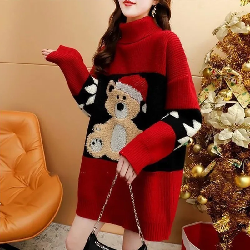 #3831 Green Red Long Sweater Women Cartoon Bear Knitted Pullover Female Loose Split Joint Turtleneck Sweater Thick Warm Winter