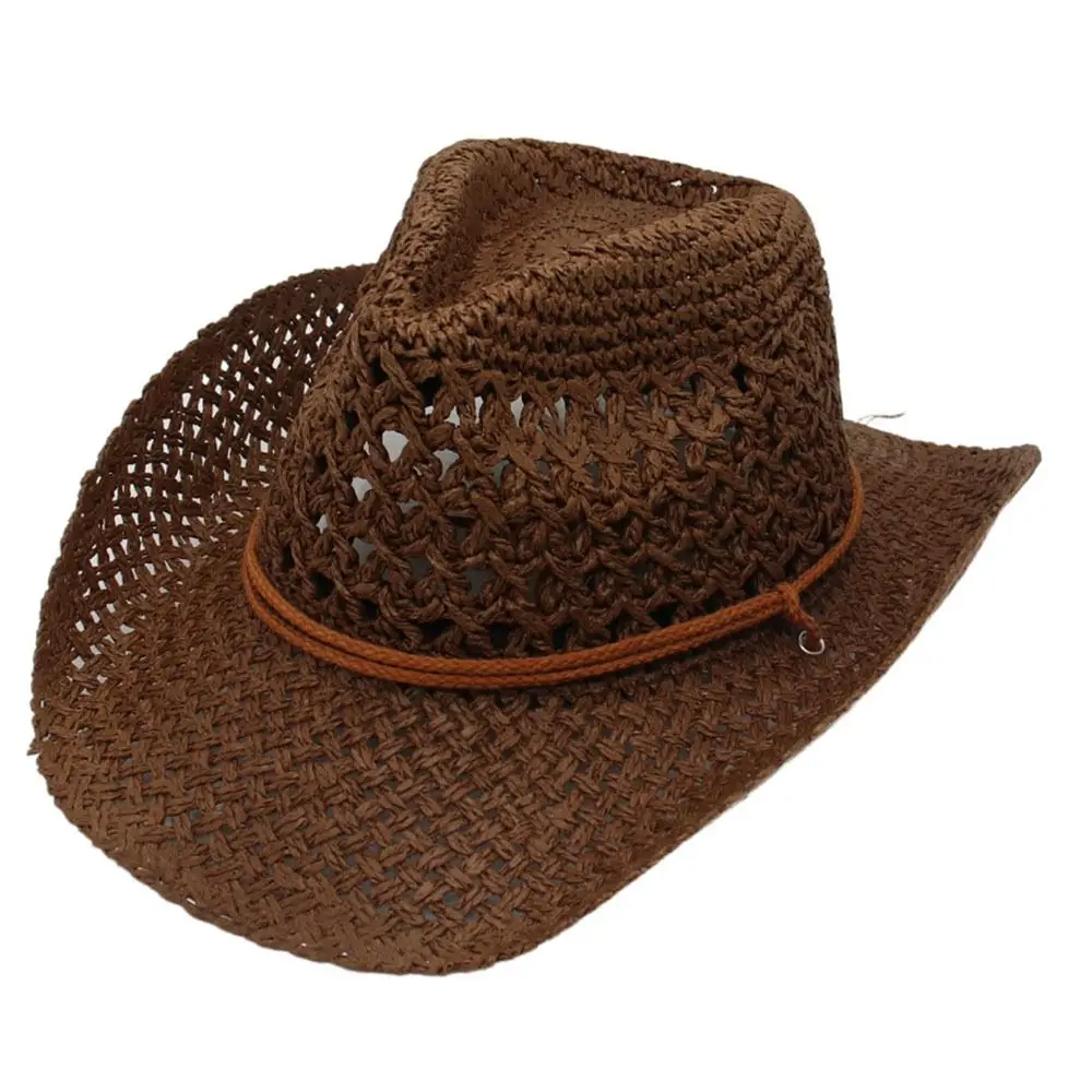 

Trendy with Adjustable Chin Strap Western Cowgirl Hat Wide Brim Foldable Straw Cowboy Hat Vacation Woven Sun Hat for Women Men