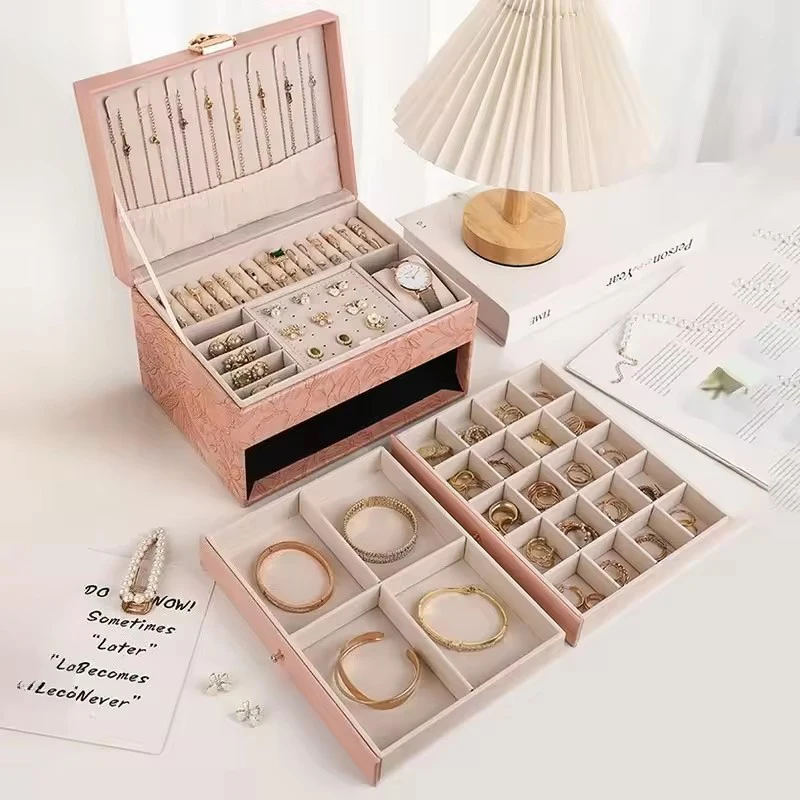 

Light Luxury Printed PU Leather Jewelry Box Multilayer Pendant Bracelet Necklace Earrings Rings Storage Case Jewellery Organizer