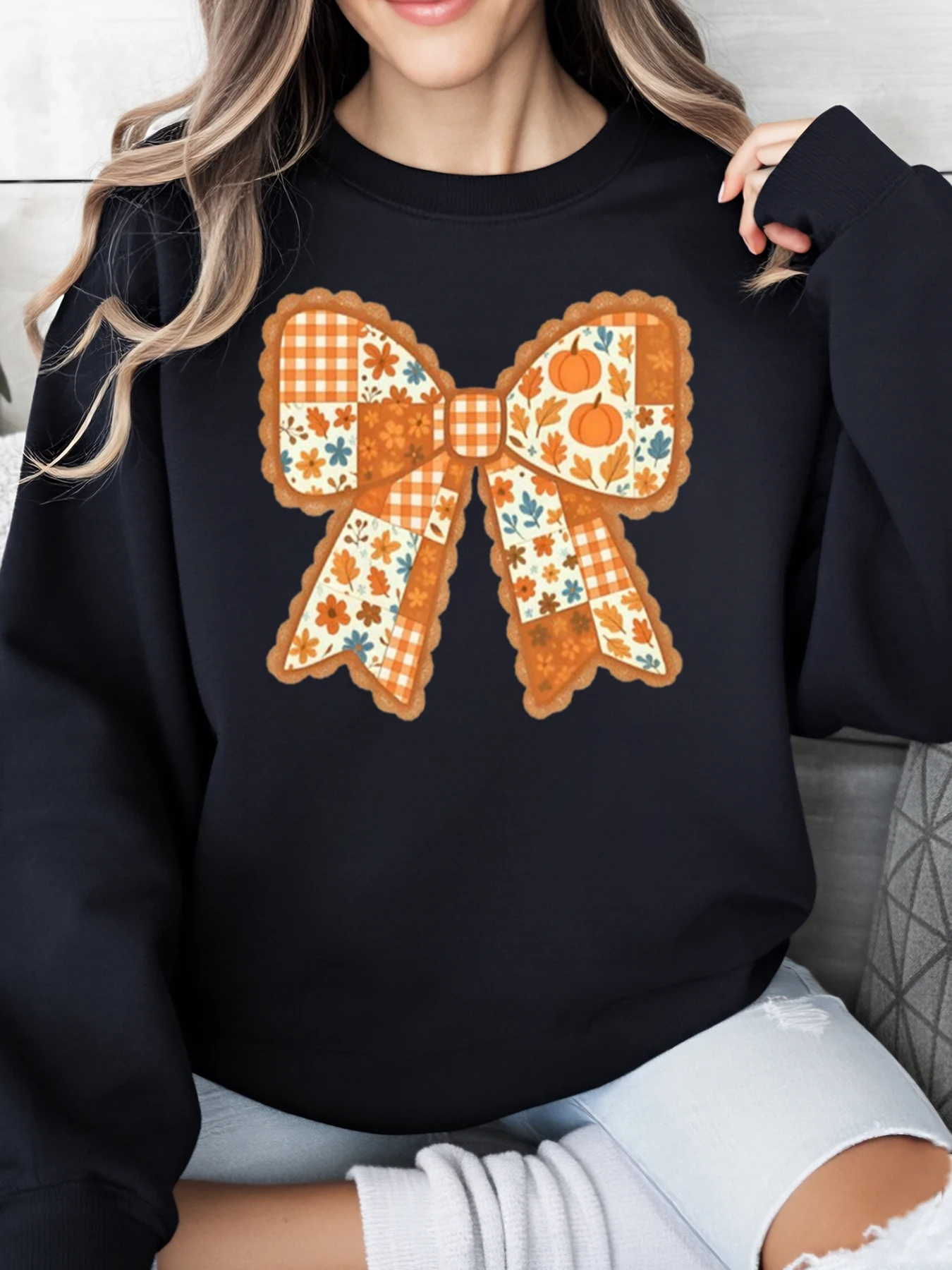 خليط القوس طباعة الشكر البلوز المرأة الخريف لباس غير رسمي أسود حجم كبير #1