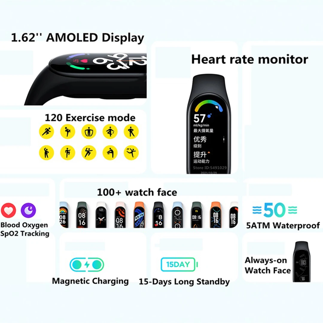 Xiaomi-Mi Band 7 Versão Global Banda Inteligente, 1.62 "AMOLED, Bluetooth 5.2, 120 Modos de Treino, Análise Profissional