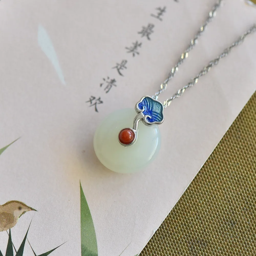 

GL New Chinese Style Hetian Jade Pendant with 925 Pure Silver and Cold Enamel, Ancient Style Jade Pendant