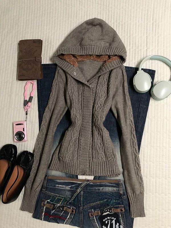

BaoYao Girl Original ey Hooded Twist Knit Sweater Cardigan Women's Autumn Winter Vintage Retro Knitted Jaet