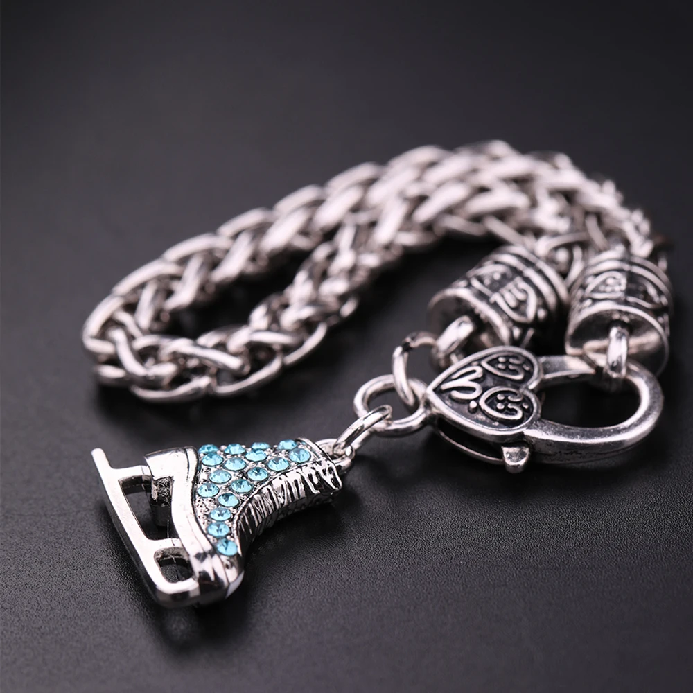 Fishhook Zircon 3D Ice Skate Shoe Bracelet White Enamel Luxury Blue Pink Crystal Thick Chain Bangle Charm for Man Women  Jewelry