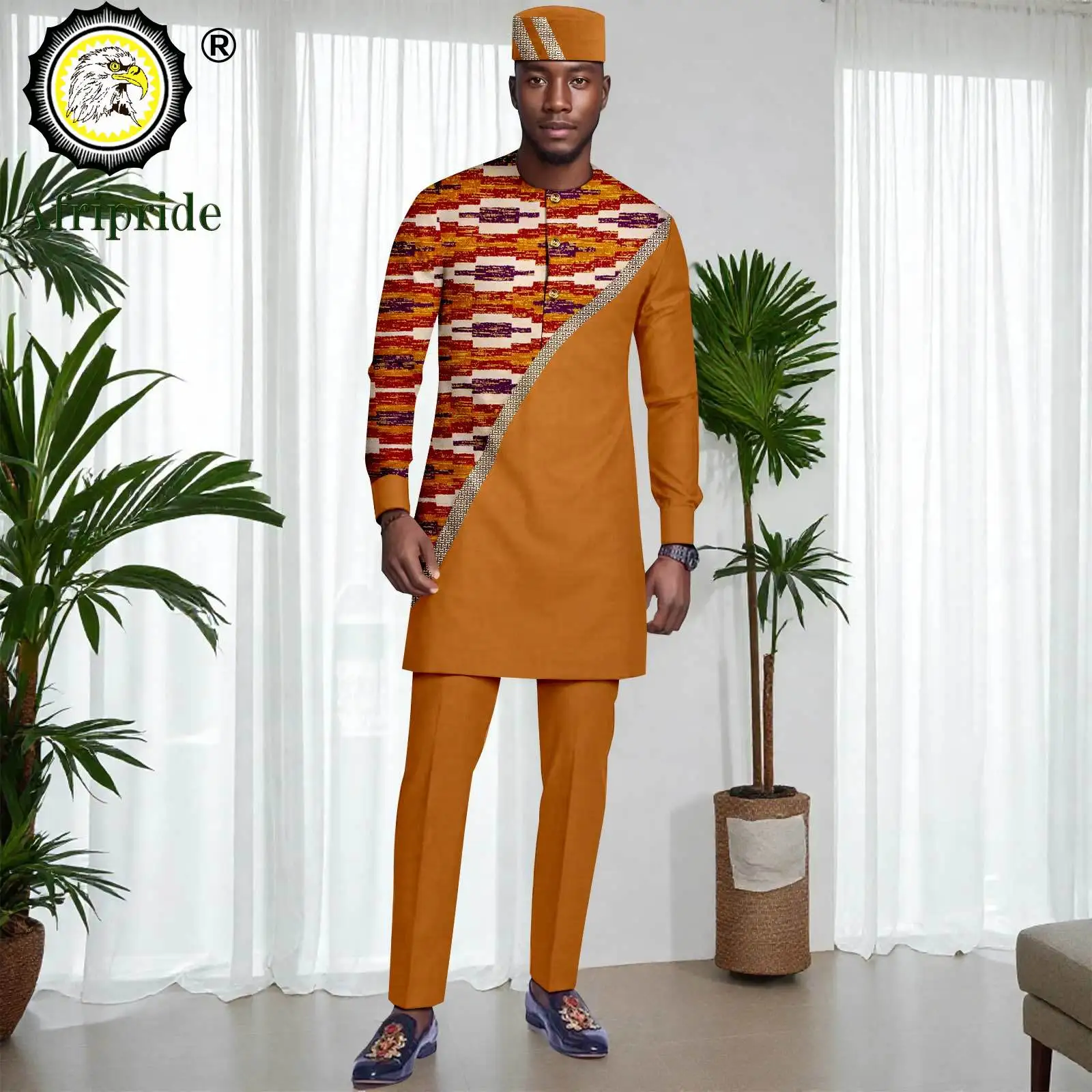 African Traditional Clothes for Men Embroidery Full Sleeve Print Shirts Pants and Hats 3 Pieces Set Dashiki Outfits 2516039