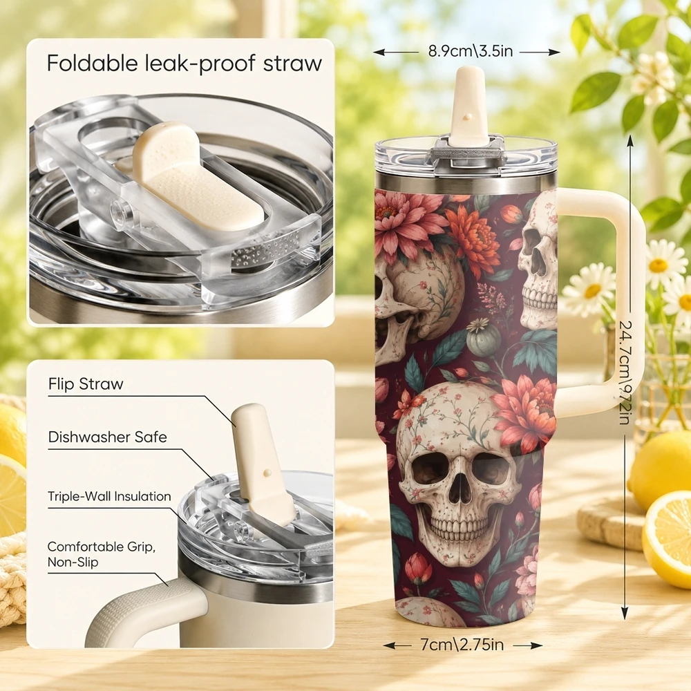 Skeleton Flowers Vacuum Flasks 40oz Stainless Steel Tumbler with Handle Straw Lid Vacuum Insulated Double Wall Leak Proof