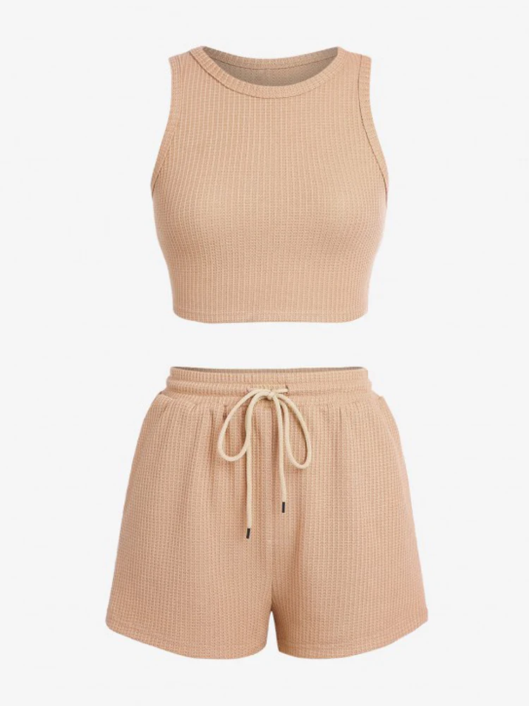 

Spring and summer solid color women's waffle sleeveless vest elastic waist shorts casual sports suit