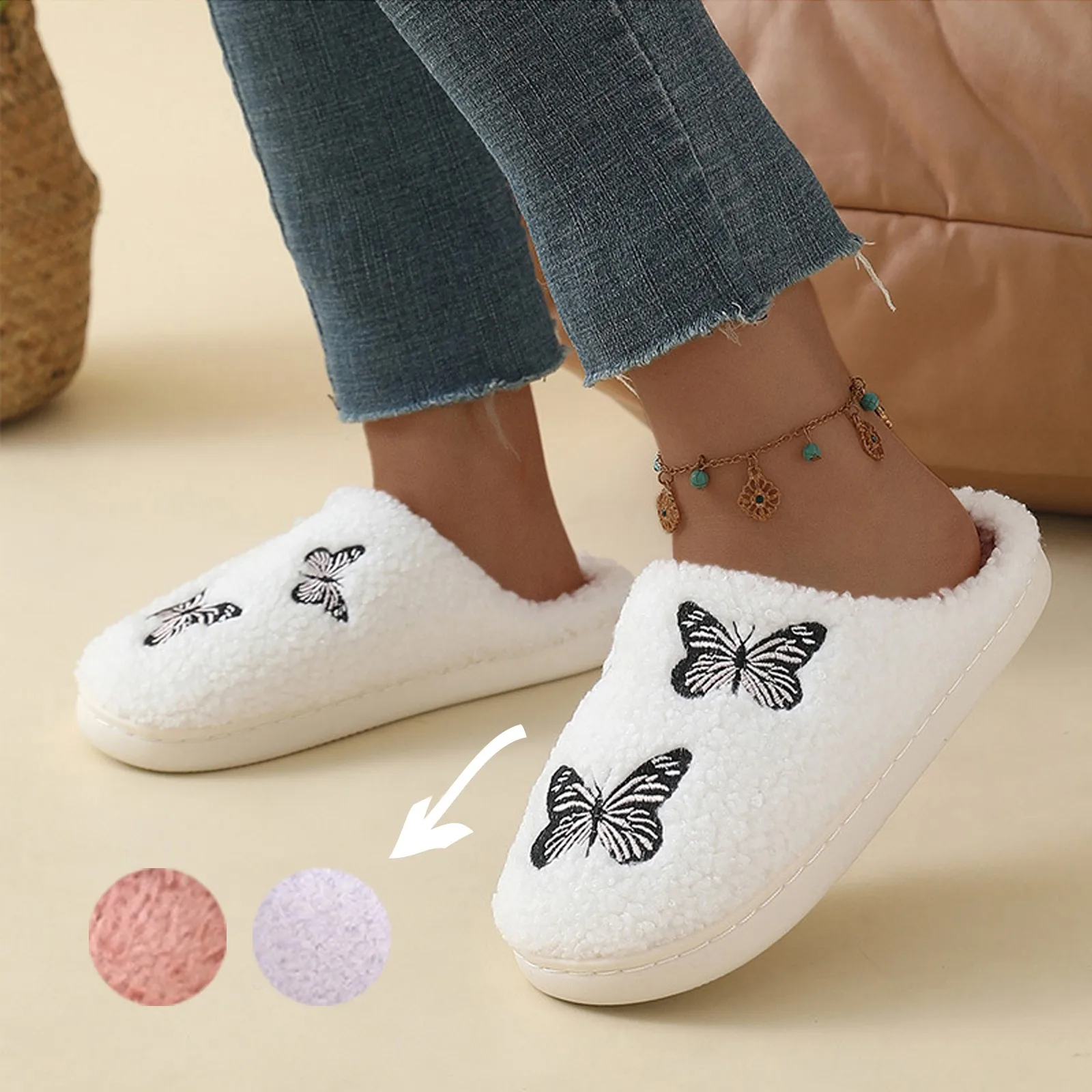 SHAJI Unisex Plüsch-Baumwoll-Hausschuhe mit Drei-Schmetterling-Stickerei, Warme TPR-Sohle, Rutschfeste Indoor-Hausschuhe für Herbst und Winter – Detail 1