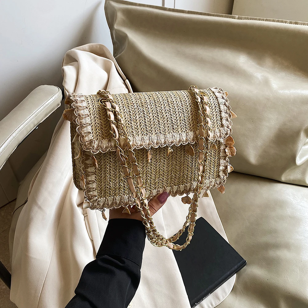 

Женская соломенная сумка на плечо с цепочкой, стильная вязаная сумка на ремне, большая вместительная сумка-портфель с кисточками, соломенная сумка для свиданий и вечеринки