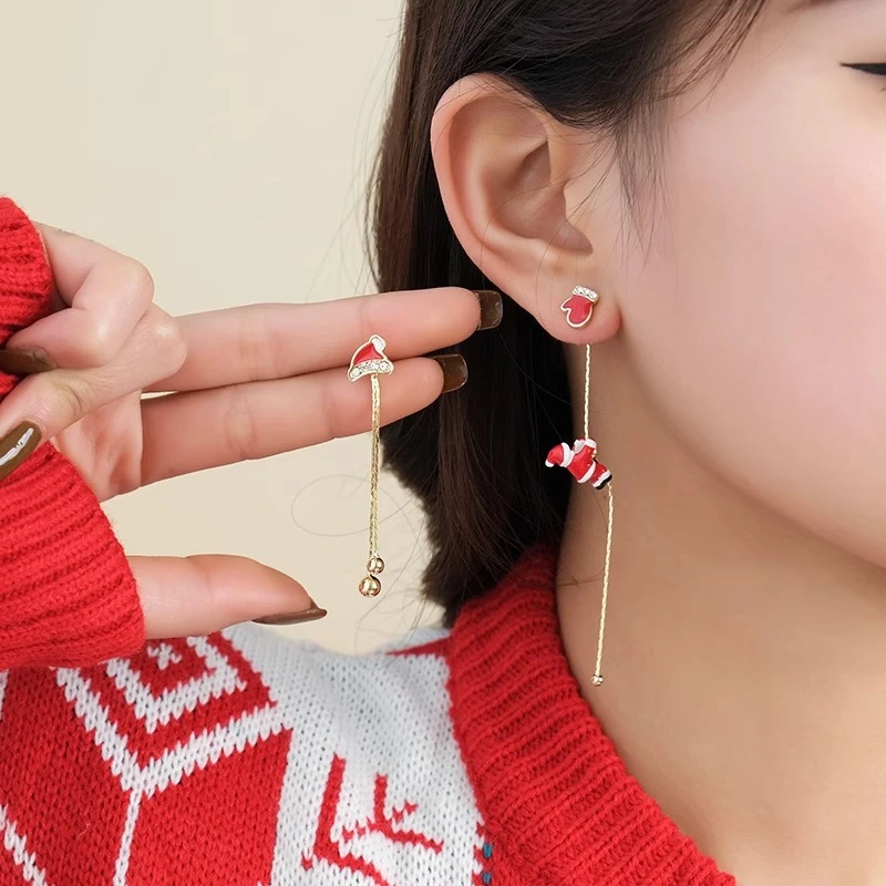 Pendientes asimétricos de copo de nieve para mujer, aretes largos con borlas de Papá Noel en movimiento, joyería de fiesta, sombrero de bota de