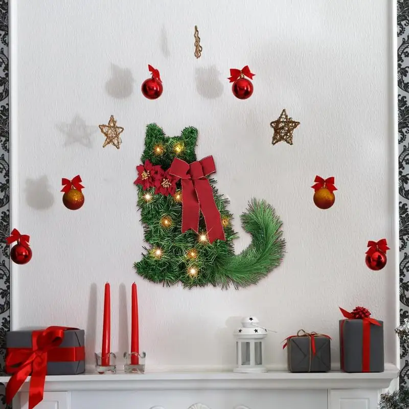 Christmas Cat Wreath For Door Christmas Decor LED Cat Wreath Decorative Christmas Wreath Decorated With Red Bow For Walls