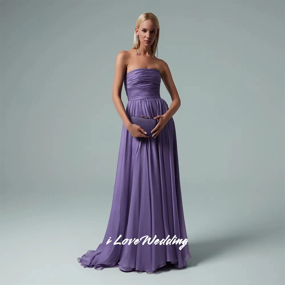 فساتين سهرة أرجوانية بدون حمالات 2025 بدون أكمام على شكل حرف a للحفلات الراقصة بدون ظهر بطول الأرض مطوي فستان حفلات الزفاف حسب الطلب