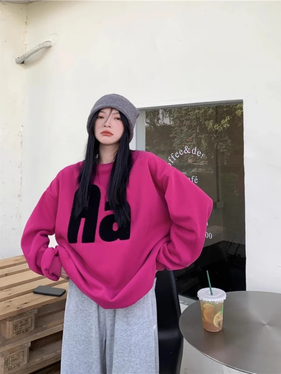 Plus maat 300 Pou oversized sweatshirt met voering voor dames in roze Koreaanse Sle Lazy Hong Kong Sle chique comfortabele top