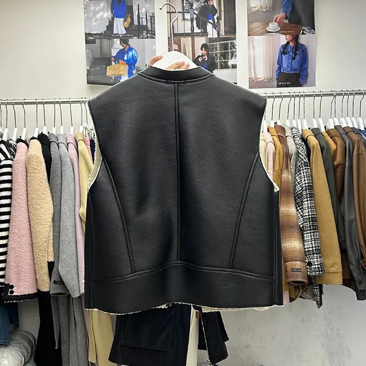 Chalecos de lana de cordero con patchwork de cuero americano, estilo moto, premium, de alta gama, ajustados, para mujer, a la moda, versátiles, estilo Ins, tops suaves.