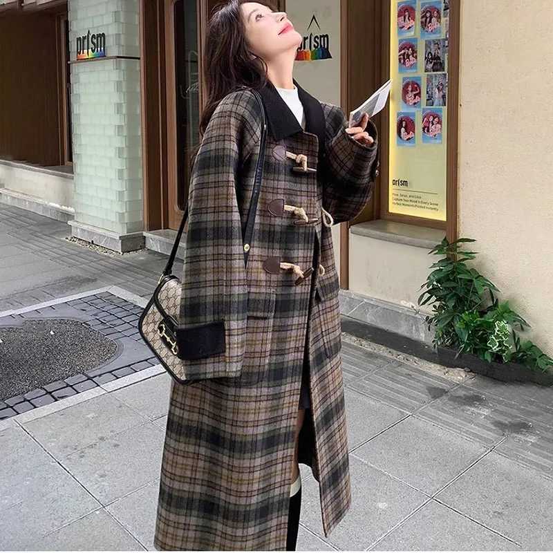 Vintage Plaid Woolen Jacket Women Overcoat Autumn Winter 2025 New Fashion Loose Duffle Buckle Mid-Length Wool Windbreakers Coat