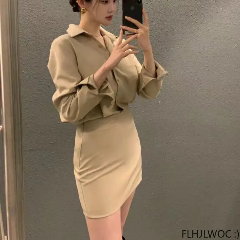 2023 primavera feminino vestidos de moda feminina coréia chique japão estilo escritório senhora bonito francês bodycon bandagem lápis camisa vestido