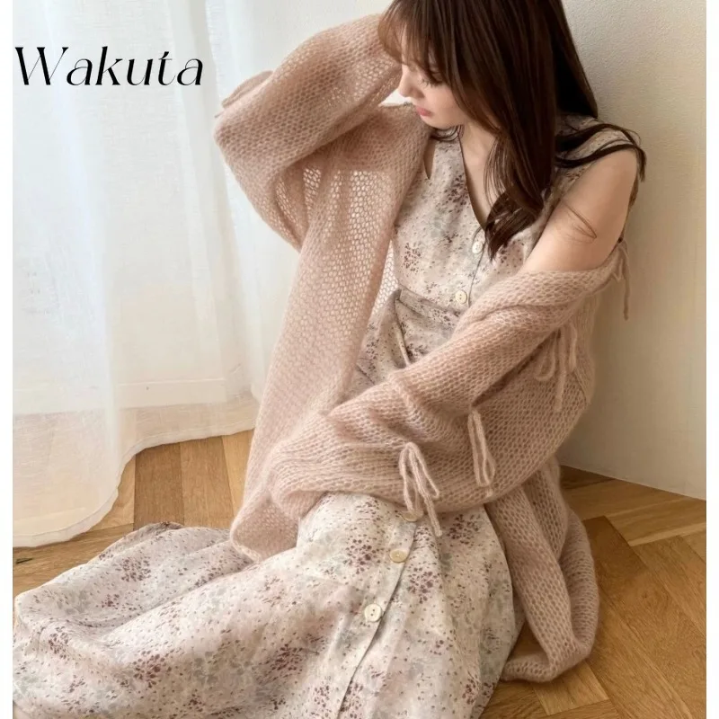 WAKUTA Russian Elegant Round Neck Long-sleeved Simple Tops Fashion Temperament Commuting Bow Knit Sweater Fall Jumpers كارديجان