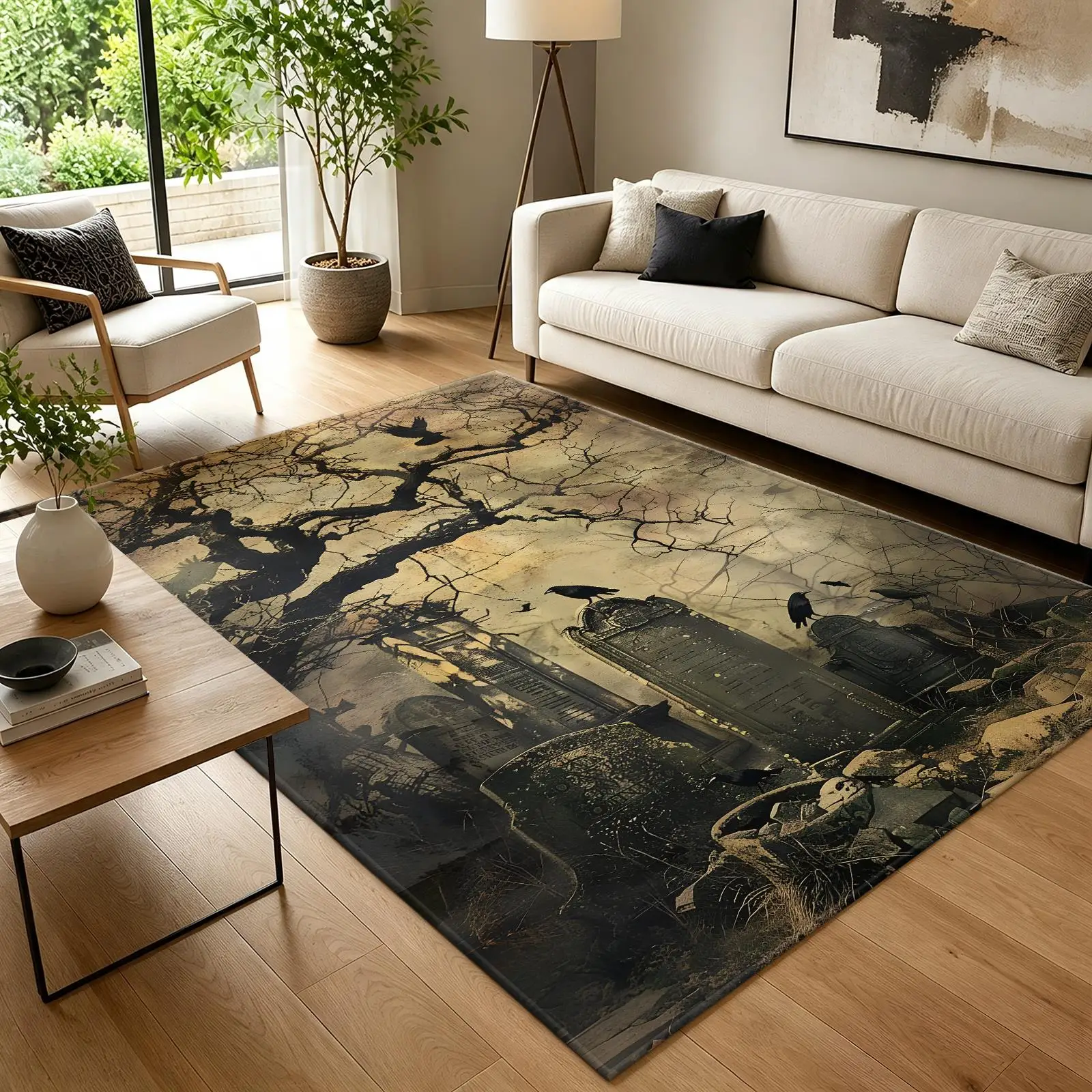 1pc 2D Flat Vintage Graveyard Tombstone Crow Spooky Tree Printed Floor Mat, Decorative Rug for Living Room, Bedroom, Home