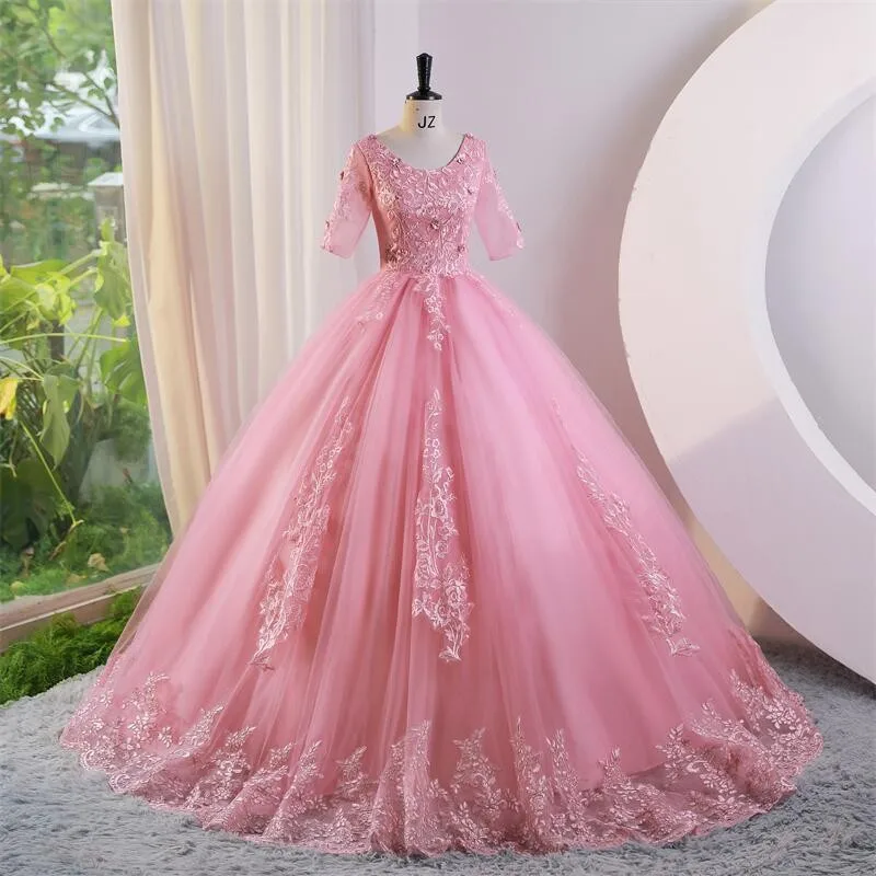 Roze Vestidos Sweet Quinceanera Jurken Met Korte Mouwen Baljurk Luxe Kanten Feestjurk Klassieke Galajurk 2023 Zomer Nieuw