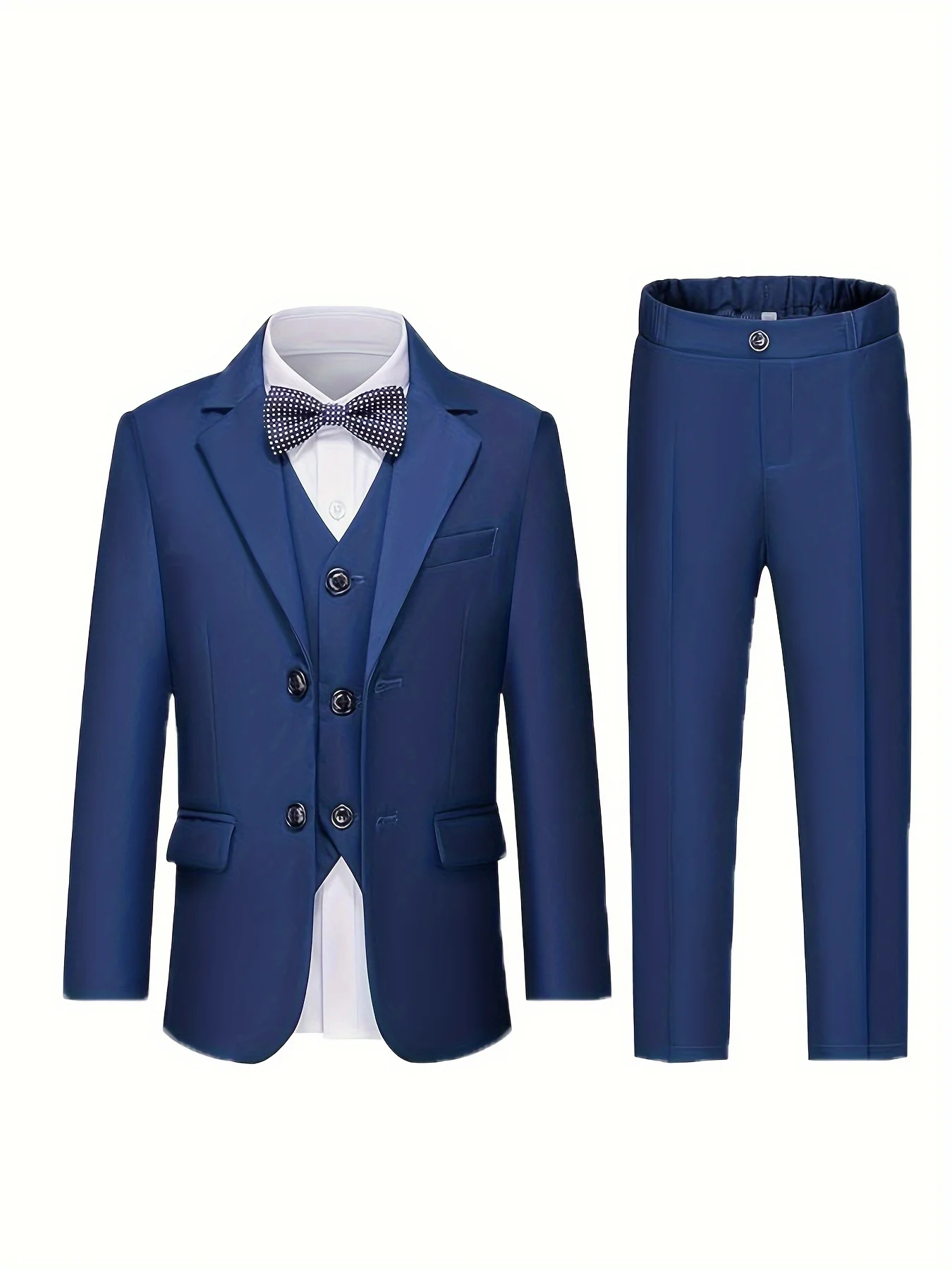 

Kids Navy Blue 4Pieces/Set Jacket Vest Pants Bowtie Photography Suit Boys Wedding Party Dress Children Performance Costome