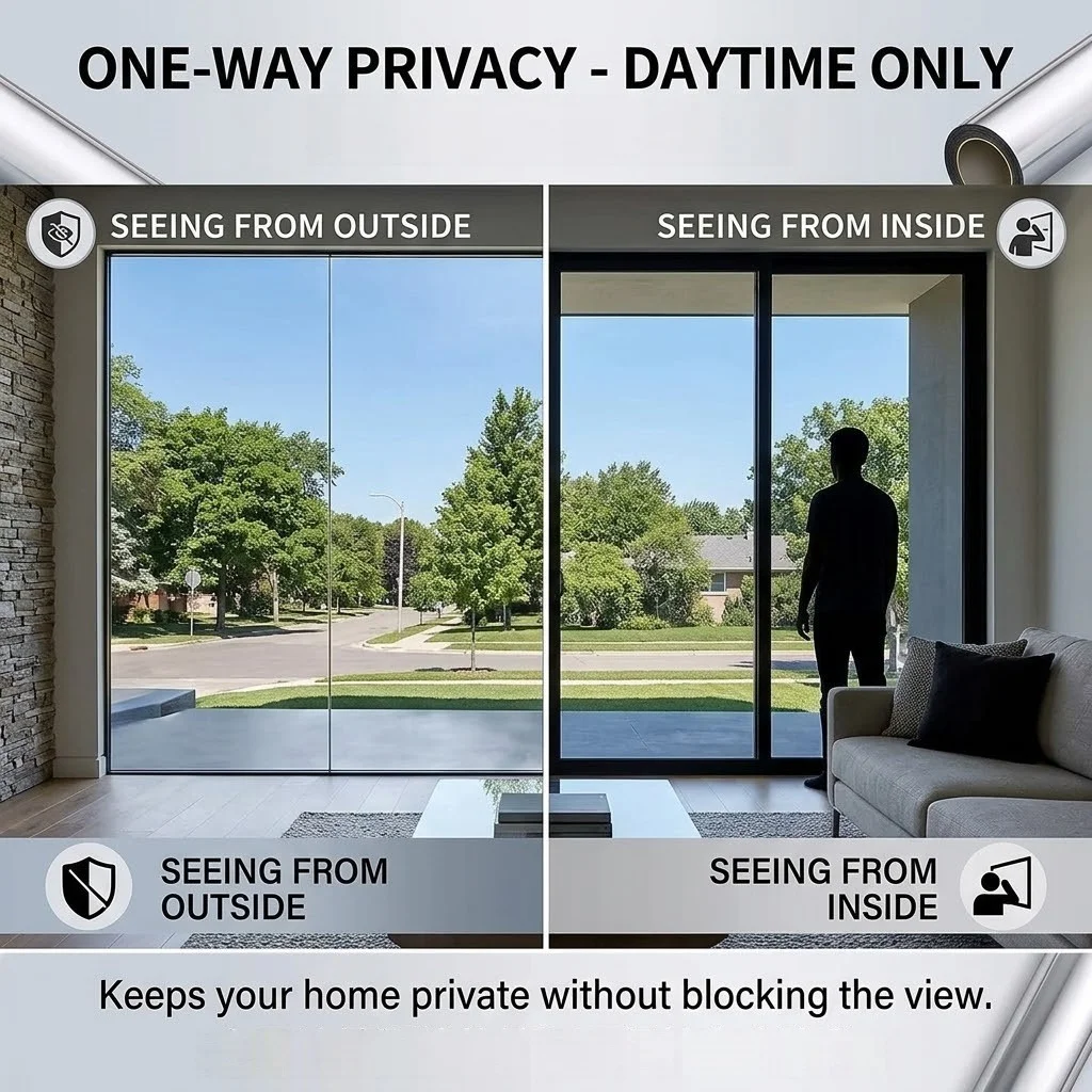 Static Cling One Way Mirror Window Film Double Silver Sun Heat Block Anti‑UV Privacy Glass Sticker No Glue Window Tint for Home