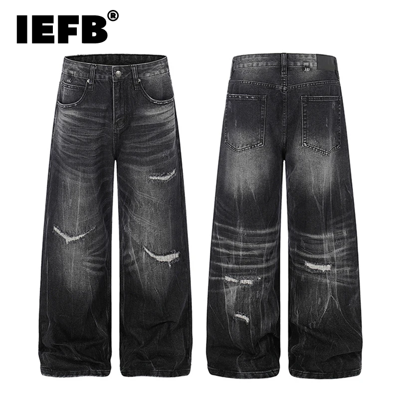 IEFB Edgy Men's Ripped Distressed Jeans Washed Black Wide Leg Baggy Fit Streetwear Casual Premium Denim Pants 9X2940