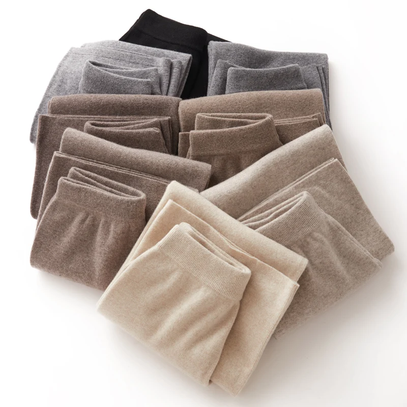 Automne hiver femmes taille élastique pantalon à jambes larges 100% laine mérinos épais chaud pantalon femme décontracté polyvalent tricots pantalon