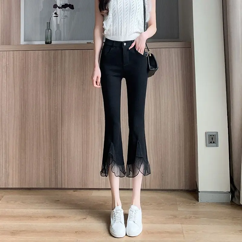 Cropped Pants for Women Petite Micro-flared Pants for Summer 2026 New High-waist Slim Fit Lace Casual Micro-flared Pants