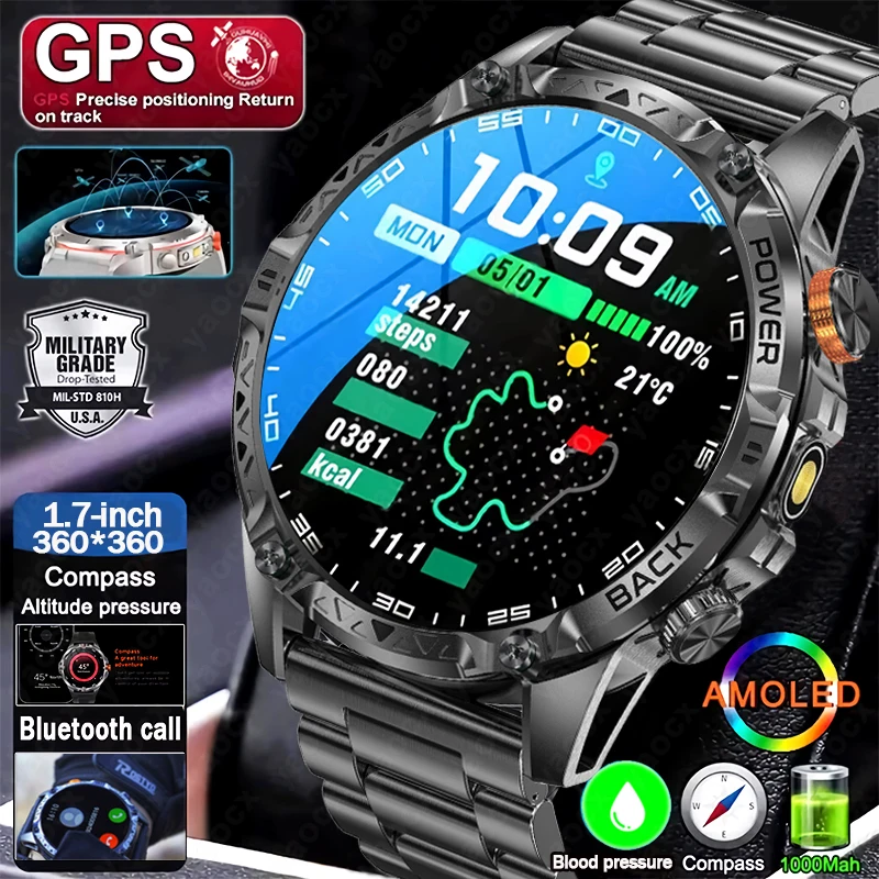 

2026 New 1000mAh Battery SmartWatch IP68 Waterproof Compass Bluetooth call 1.7" AMOLED HD Sports Flashlight Smart Watch For Men
