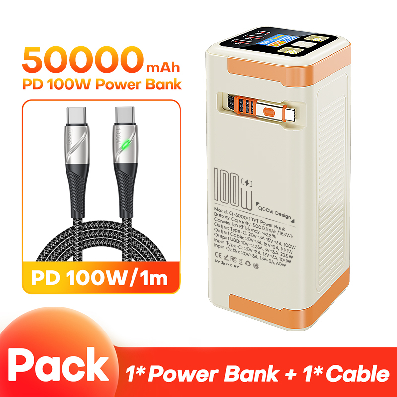  QOOVI 50000mAh Power Bank PD 100W Fast Charging Portable Large Battery Capacity Power Station For iPhone Laptop Samsung Xiaomi 