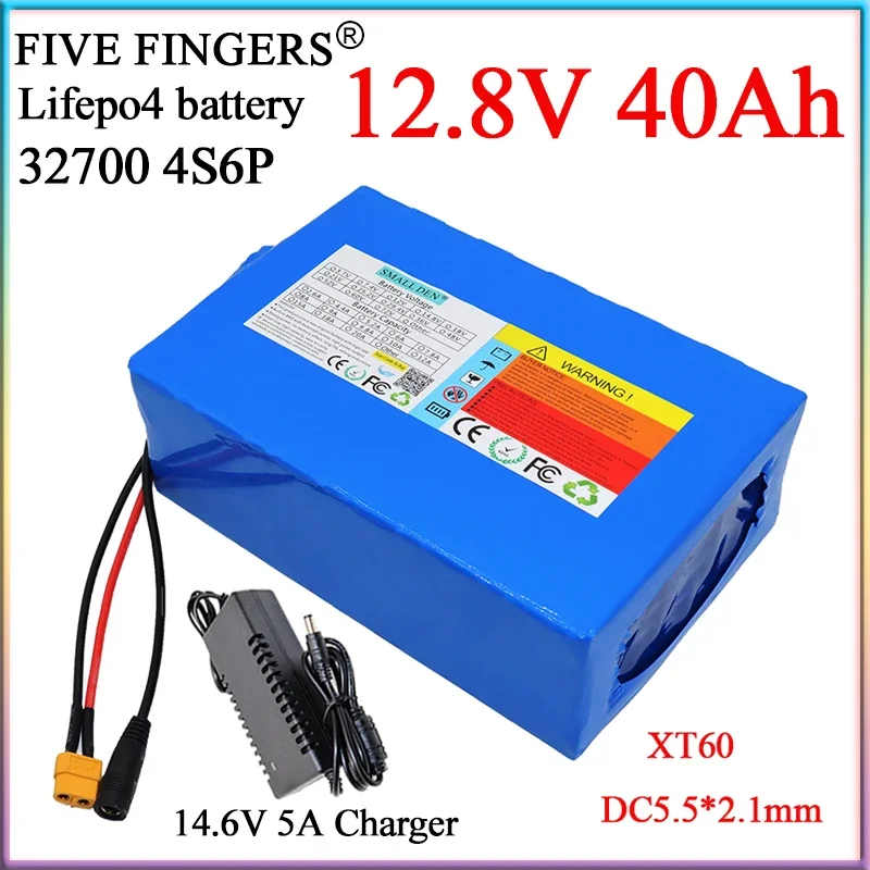 

12.8V 40Ah Lifepo4 Battery Pack 32700 4S6P built-in Same Port 40A Balanced BMS For E-boat 12V Power Supply etc+14.6V 5A Charger