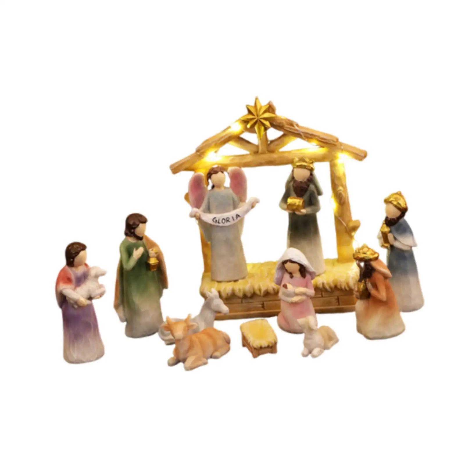 Christmas Nativity Figurines with LED Lights Home Decor Mini Nativity Scene Set Religious Decoration for Indoor Outdoor Party
